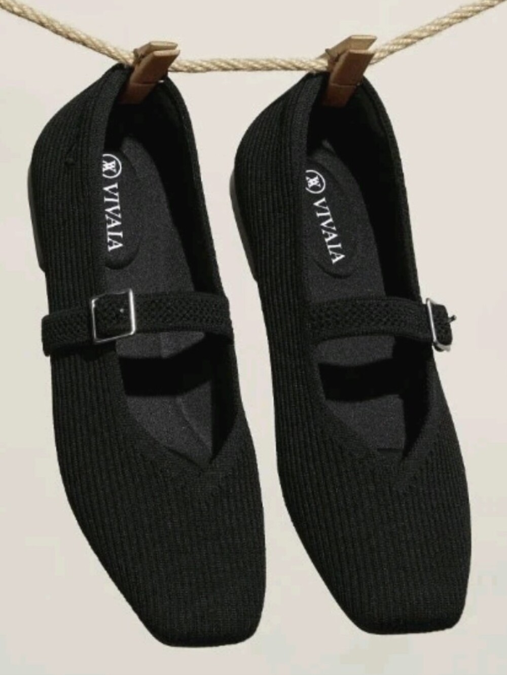 NEW Vivaia Margot Square-Toe Mary Janes Ballet Flats Black Knit Size 8 US, 39 EU
